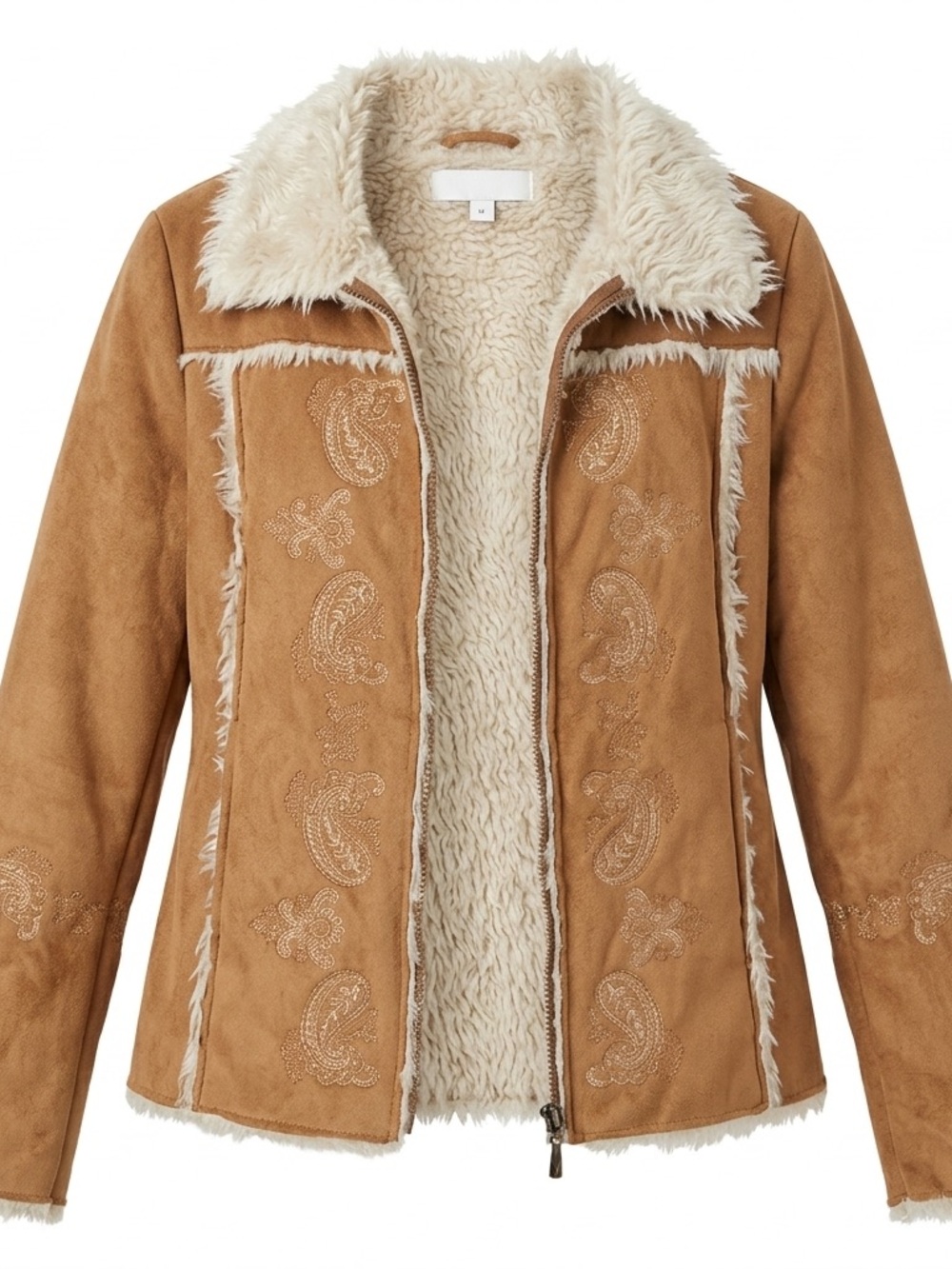 paparazzi Tan Faux Suede Teddy-Lined Embroidered Jacket